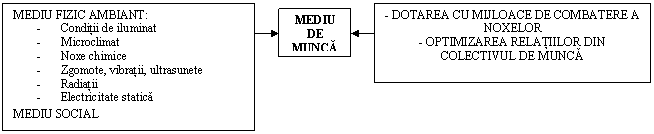 Text Box: MEDIU FIZIC AMBIANT:
- Conditii de iluminat
- Microclimat
- Noxe chimice
- Zgomote, vibratii, ultrasunete
- Radiatii
- Electricitate statica
MEDIU SOCIAL
,Text Box: - DOTAREA CU MIJLOACE DE COMBATERE A NOXELOR
- OPTIMIZAREA RELATIILOR DIN COLECTIVUL DE MUNCA

